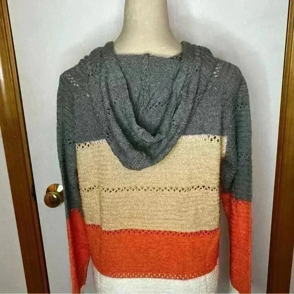 Crocheted Hooded Pullover Sweater Women Med/large Stripe Long Sleeve Cozy Casual - Picture 9 of 10